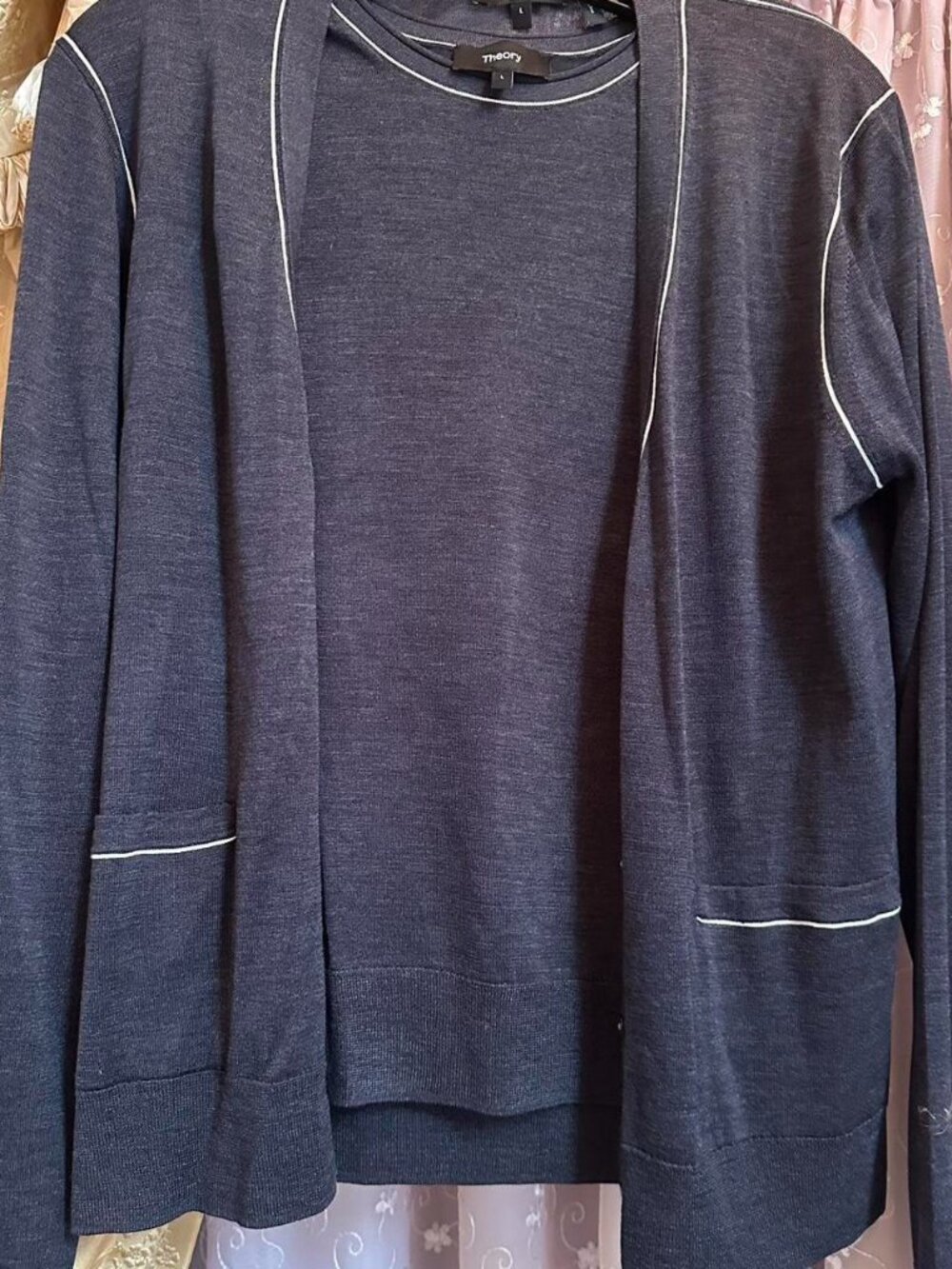 Theory silk gray and white striped sweater set